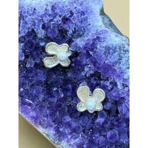 Barcelona Spain Handmade Floral Earrings - Silver Butterfly Blossom Pearl Studs